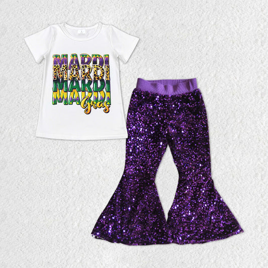 GSPO1326 Mardi Gras apparel White short sleeve top Purple Sequin bell bottom pants Girls Boutique outfits 202501