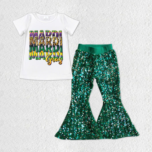 GSPO1327 Mardi Gras apparel White short sleeve top Green Sequin bell bottom pants Girls Boutique outfits 202501