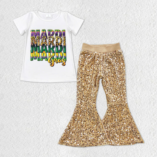 GSPO1328 Mardi Gras apparel White short sleeve top Beige Sequin bell bottom pants Girls Boutique outfits 202501