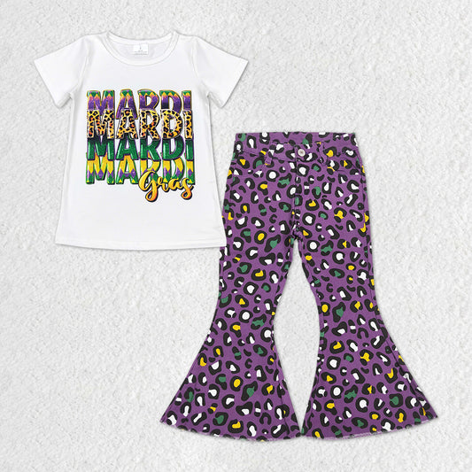 GSPO1329 Mardi Gras apparel White short sleeve top purple denim bell bottom pants Girls Boutique outfits 202501