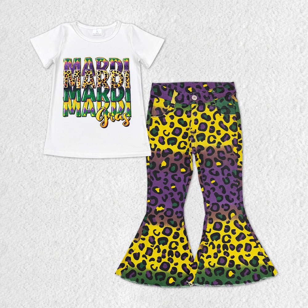 GSPO1330 Happy Mardi Gras apparel White short sleeve top denim bell bottom pants Girls Boutique outfits 202501