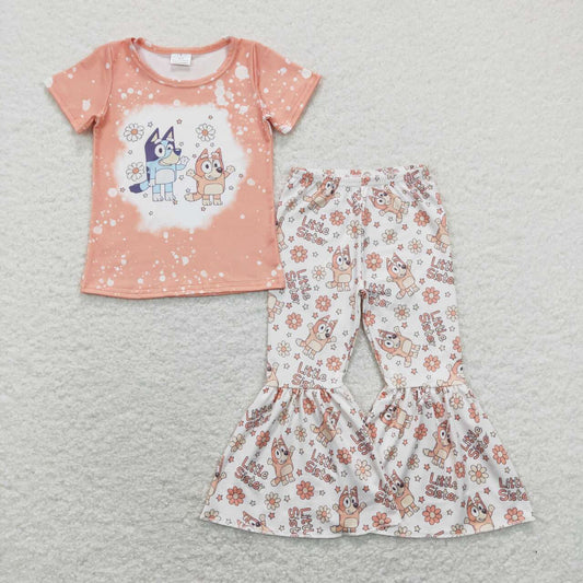 GSPO1335 Bluey Flower Orange Short-Sleeved Bell Bottom Pants Girls Outfits RTS 202507