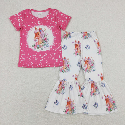 GSPO1340 Pink Floral Horse Girls Short Sleeve Pants Outfits RTS 202508