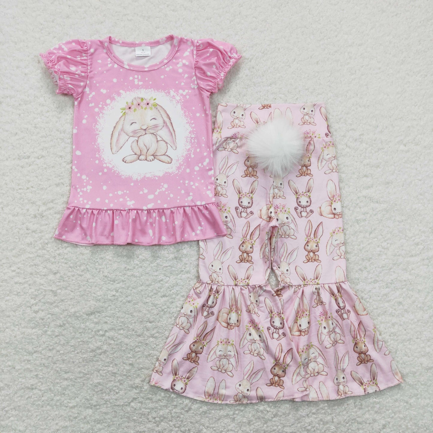 GSPO1347 Easter Bunny Rose Red Short Sleeve White Plush Ball Bell Bottom Pants Girls Sets RTS 202507