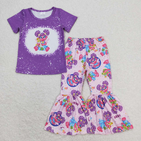 GSPO1359 Cartoon Sesame Street Purple Short Sleeve Bell Bottom Pants Sets Girls Boutique Clothes 202404 RTS
