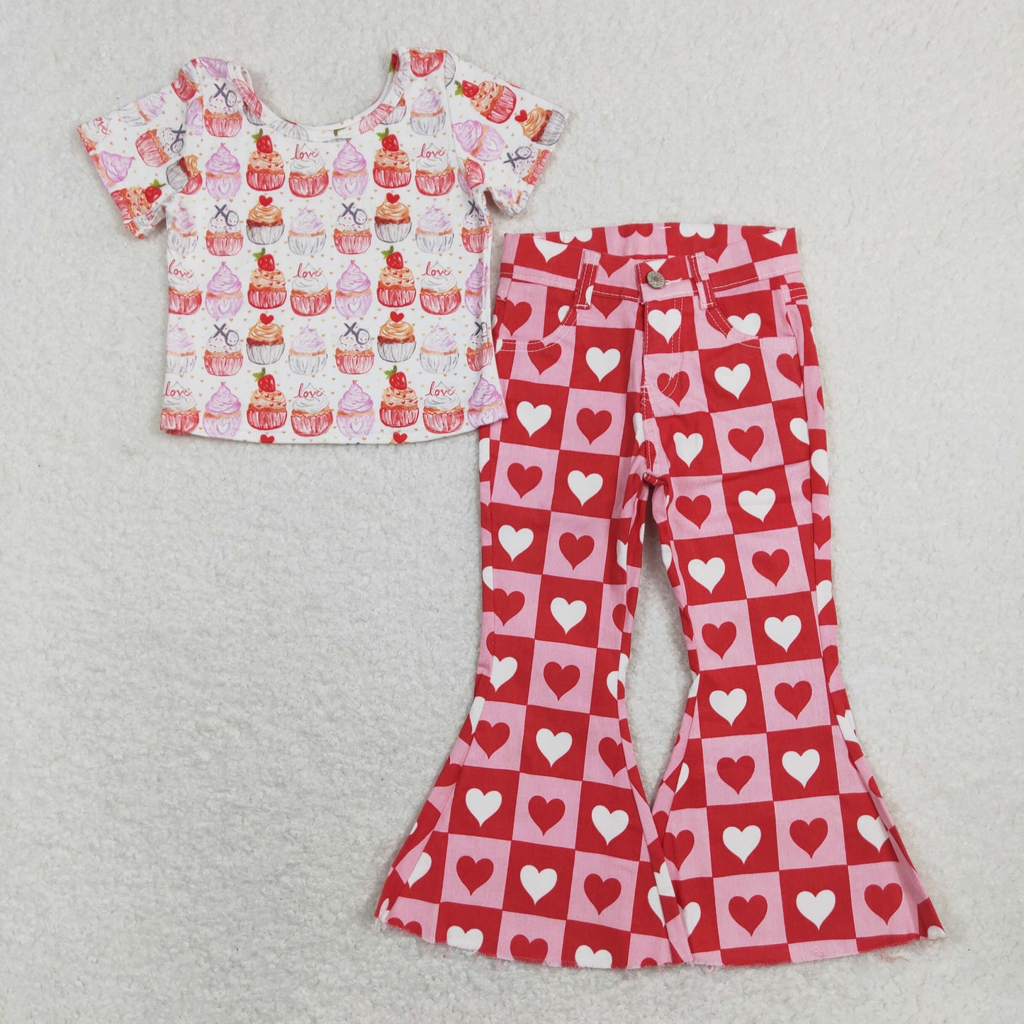 GSPO1362 2Pcs Pink love Valentine Denim Girls Short Sleeve Bell Bottom Pants Outfits