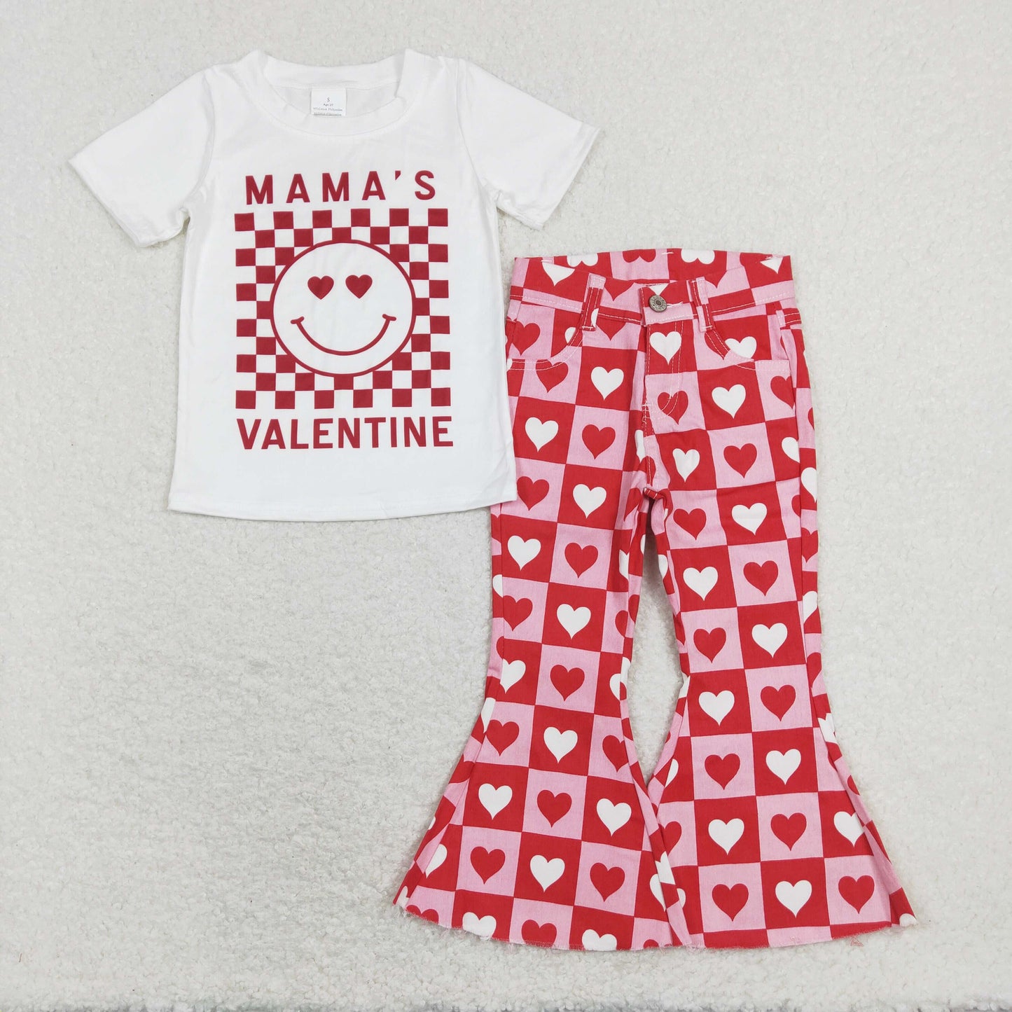 GSPO1363 2Pcs Pink love Valentine Denim Girls Short Sleeve Bell Bottom Pants Outfits