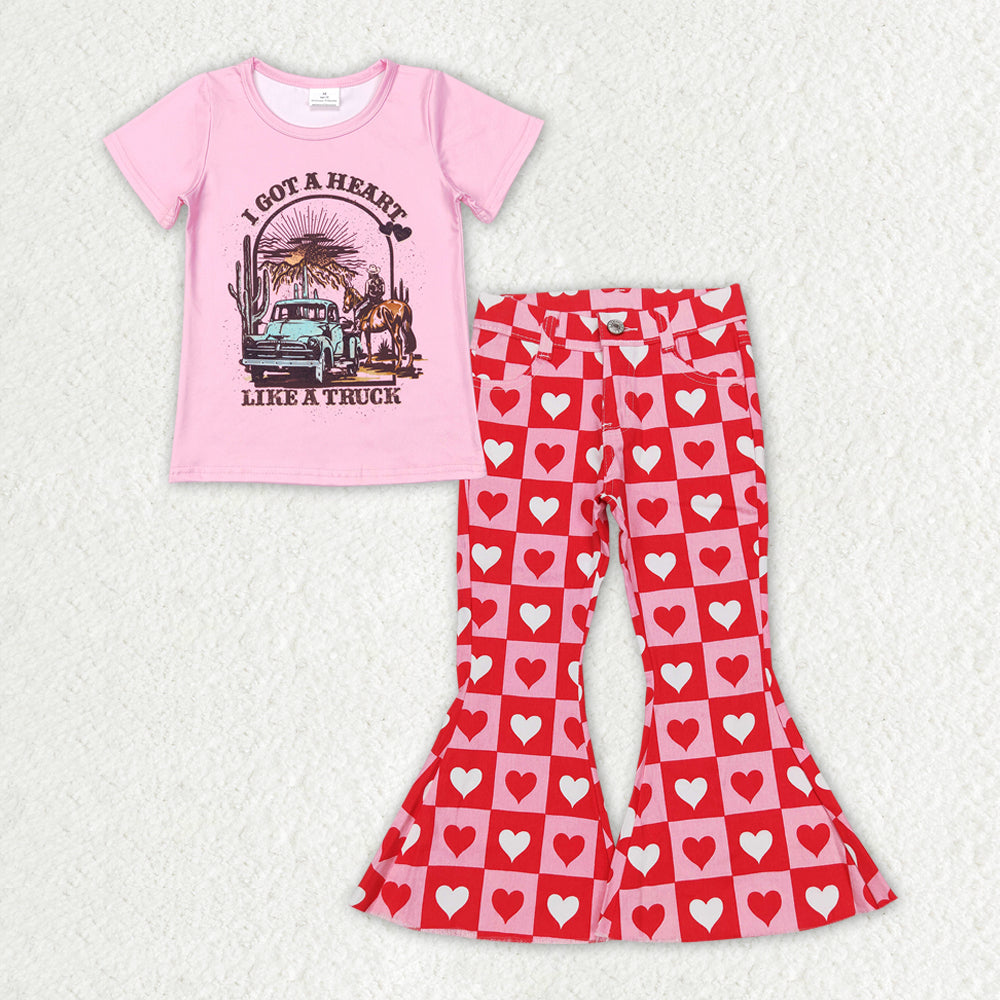 GSPO1365 2Pcs Pink love Valentine Denim Girls Short Sleeve Bell Bottom Pants Outfits
