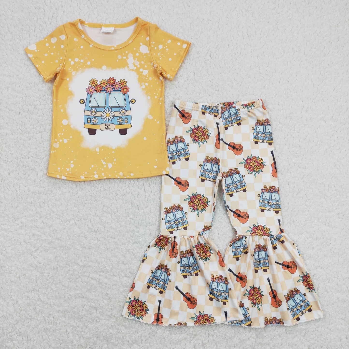 GSPO1369 Flower Guitar Yellow Short Sleeve Bell Bottom Pants Girls Sets RTS 202507