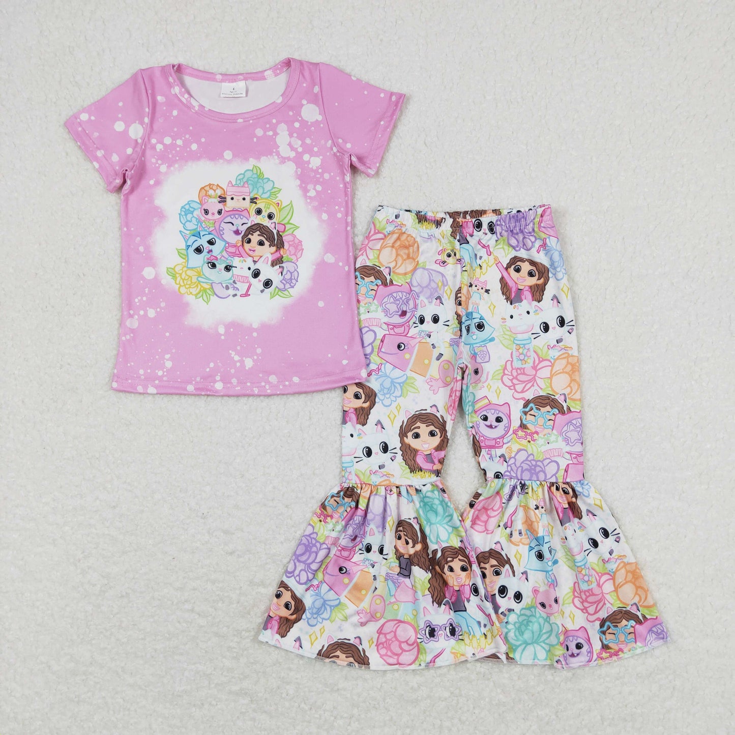 GSPO1372 Baby Girl Cartoon Outfit Pink Purple short sleeve top bell bottom pants Girls boutique outfit 202501