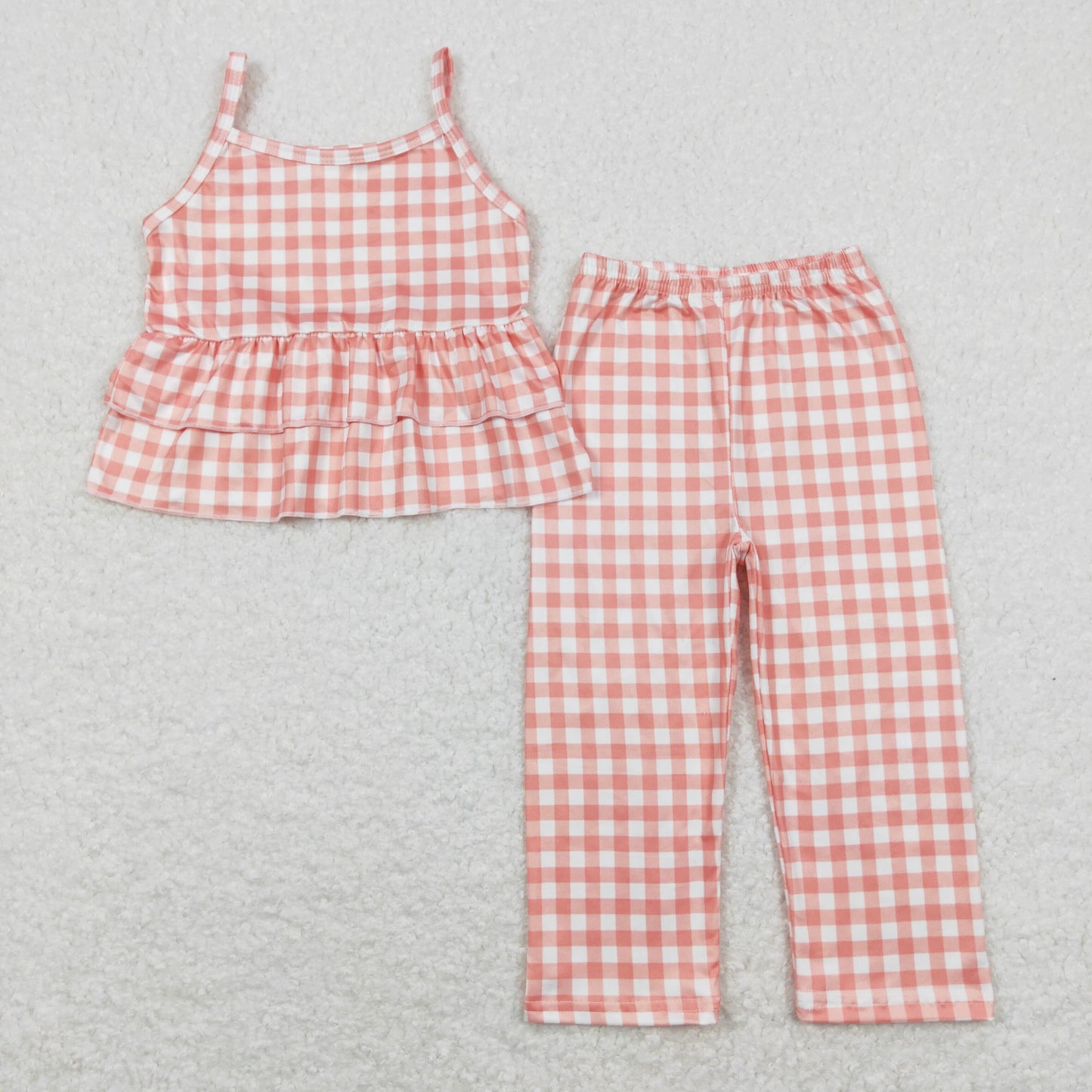 GSPO1377 Orange Plaid Ruffle Halter Pants Girls Sets RTS 202508