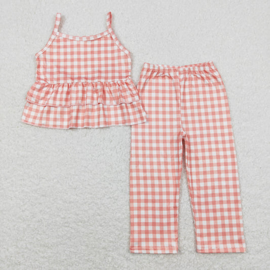 GSPO1377 Orange Plaid Ruffle Halter Pants Girls Sets RTS 202508