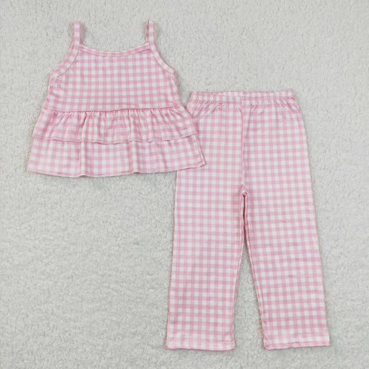 GSPO1380 Pink Plaid Ruffle Halter Pants Girls Sets RTS 202508
