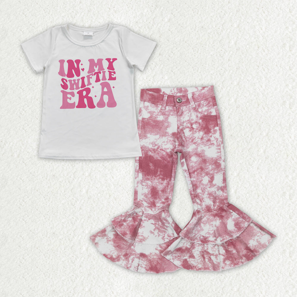 GSPO1399 2Pcs Swift Singer pink Denim Girls Short Sleeve Bell Bottom Pants Outfits
