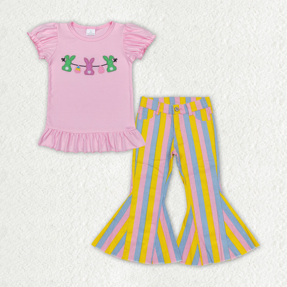 GSPO1405 2Pcs purple easter Yellow Denim Girls Short Sleeve Bell Bottom Pants Outfits