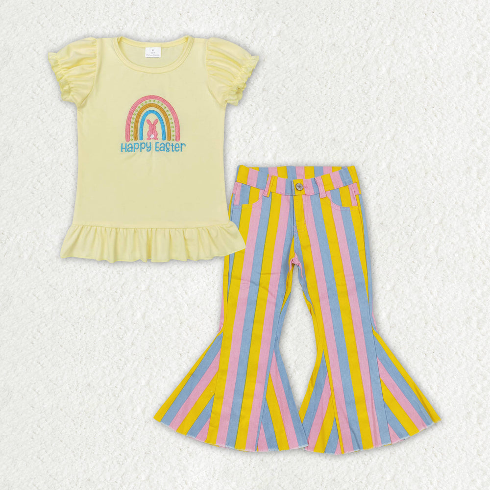 GSPO1406 2Pcs purple easter Yellow Denim Girls Short Sleeve Bell Bottom Pants Outfits