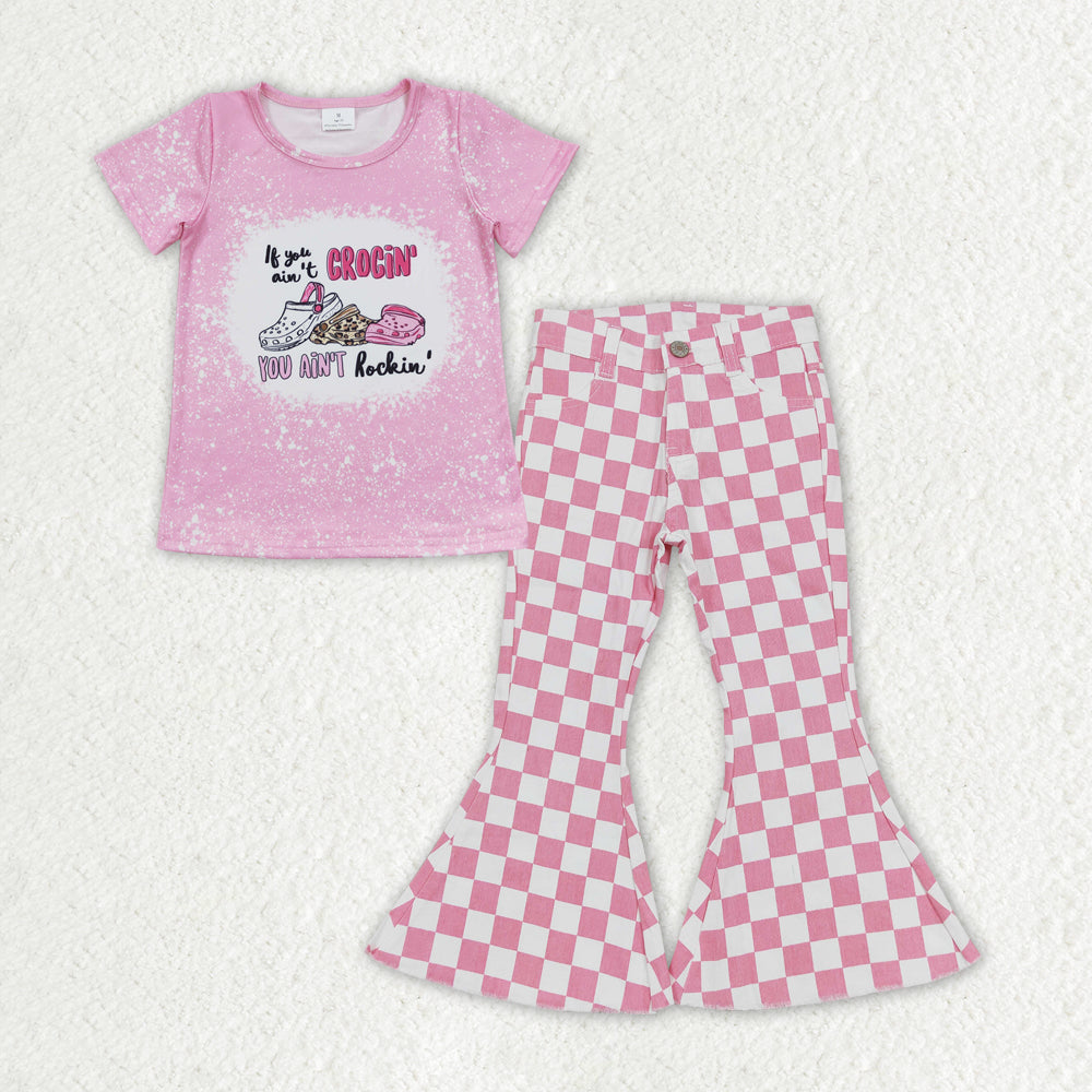 GSPO1408 2Pcs Pink Crocin Denim Girls Short Sleeve Bell Bottom Pants Outfits