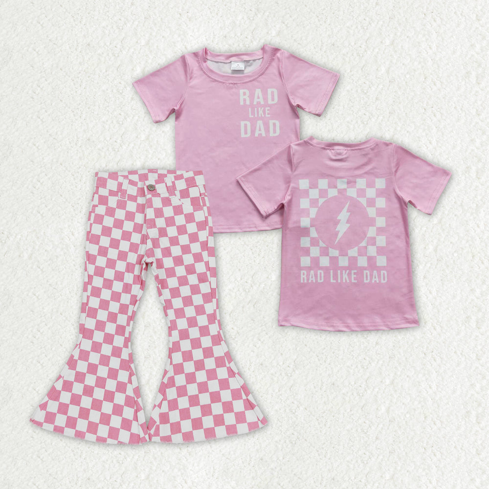 GSPO1409 2Pcs Pink Dad Denim Girls Short Sleeve Bell Bottom Pants Outfits