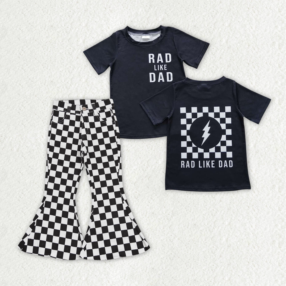 GSPO1410 2Pcs Black Dad Denim Girls Short Sleeve Bell Bottom Pants Outfits