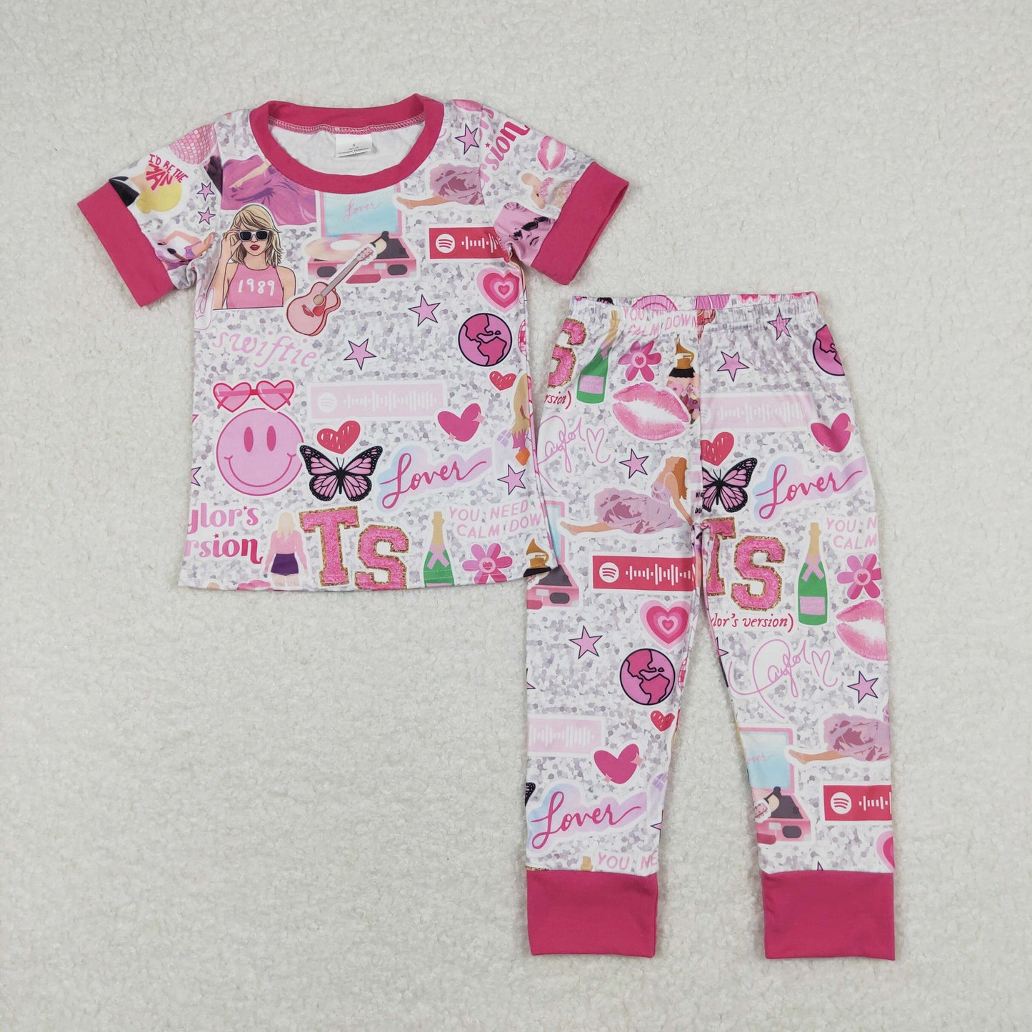 GSPO1427 Rose Red Short sleeve top pants set Taylor love smile pattern Baby Girl boutique outfit 202501