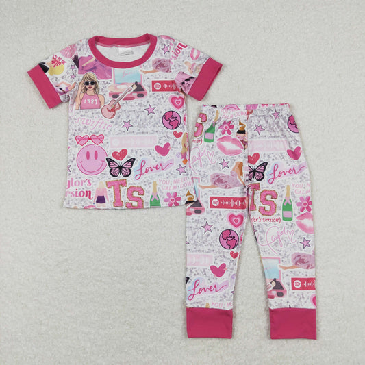 GSPO1427 Rose Red Short sleeve top pants set Taylor love smile pattern Baby Girl boutique outfit 202501