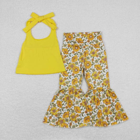 GSPO1430 Yellow Halter Flower Bell Bottom Pants Girls Set RTS 202508
