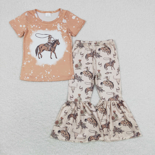 GSPO1437 cowgirl horse beige short sleeve top bell bottom pants girls set RTS 202508