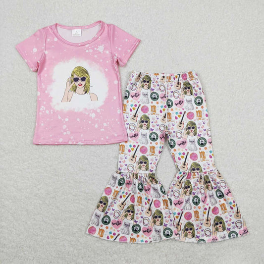 GSPO1447  Taylor Pink Short Sleeve Bell Bottom Pants Girls Set RTS 202508