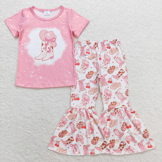 GSPO1453 Star Boots Cowboy Hat Pink Short Sleeve Pants Girls Set RTS 202508