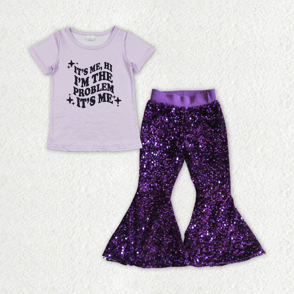 GSPO1456 2pcs Swift Singer Purple Sequin Girls Short Sleeve Bell Bottom Pants Outfits RTS 202507
