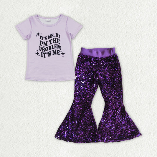 GSPO1456 2pcs Swift Singer Purple Sequin Girls Short Sleeve Bell Bottom Pants Outfits RTS 202507