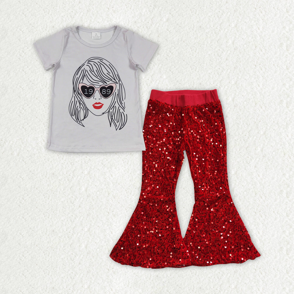 GSPO1457 2pcs Swift Singer Red Sequin Girls Short Sleeve Bell Bottom Pants Outfits RTS 202507