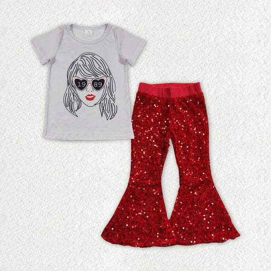 GSPO1457 2pcs Swift Singer Red Sequin Girls Short Sleeve Bell Bottom Pants Outfits RTS 202507