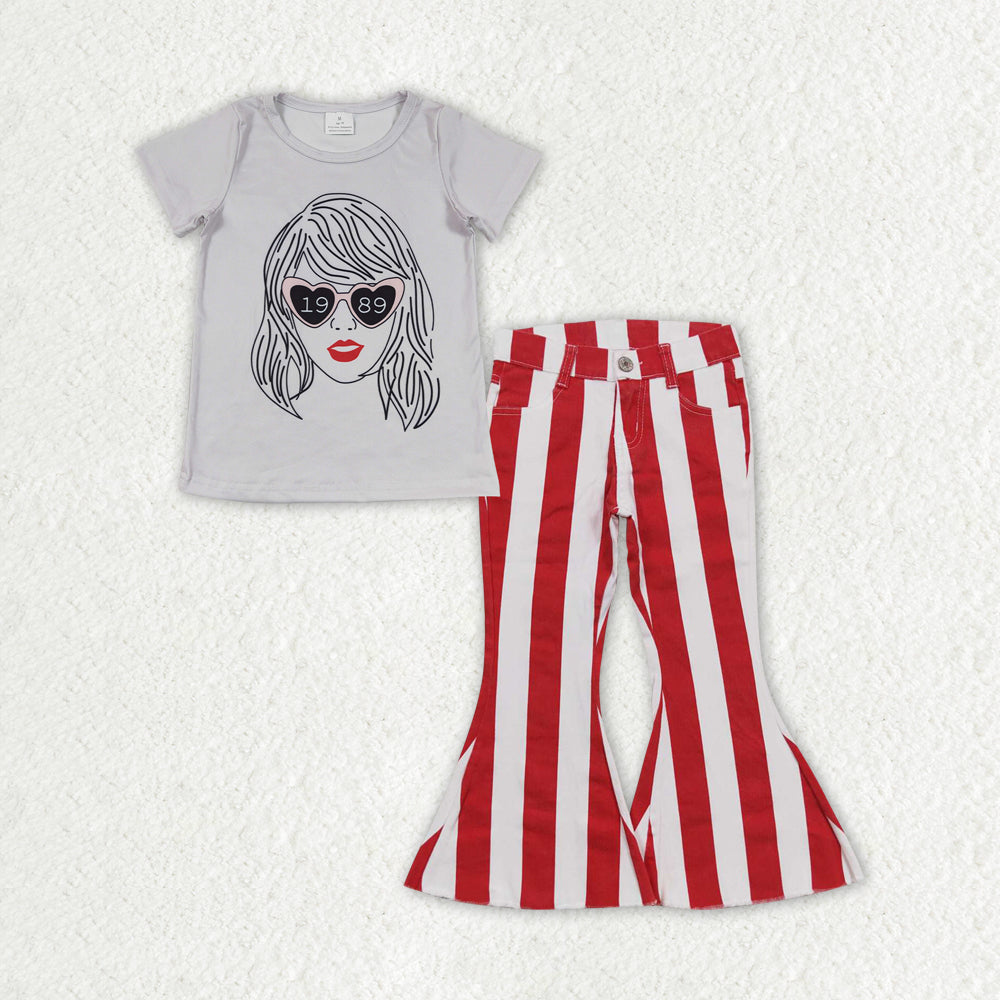 GSPO1458 2pcs Swift Singer Red Stripe Jeans Girls Short Sleeve Bell Bottom Denim Pants Outfits RTS 202507