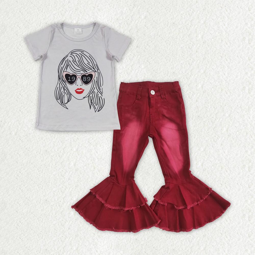 GSPO1459 2pcs Swift Singer Red Jeans Girls Short Sleeve Bell Bottom Denim Pants Outfits RTS 202507