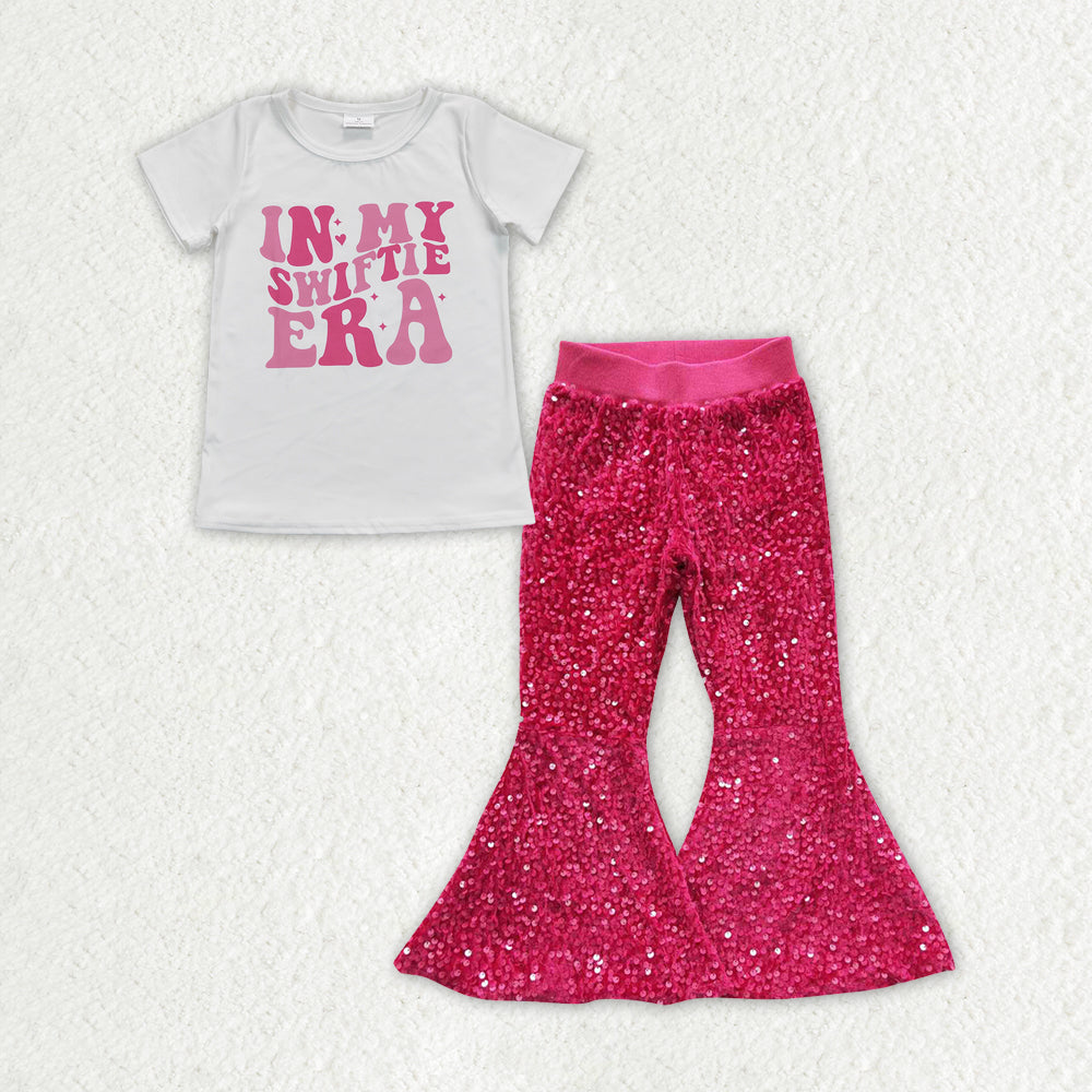 GSPO1468 2pcs Swift Singer White Short Sleeve Rose Red Sequined Bell Bottom Pants Outfits RTS 202507