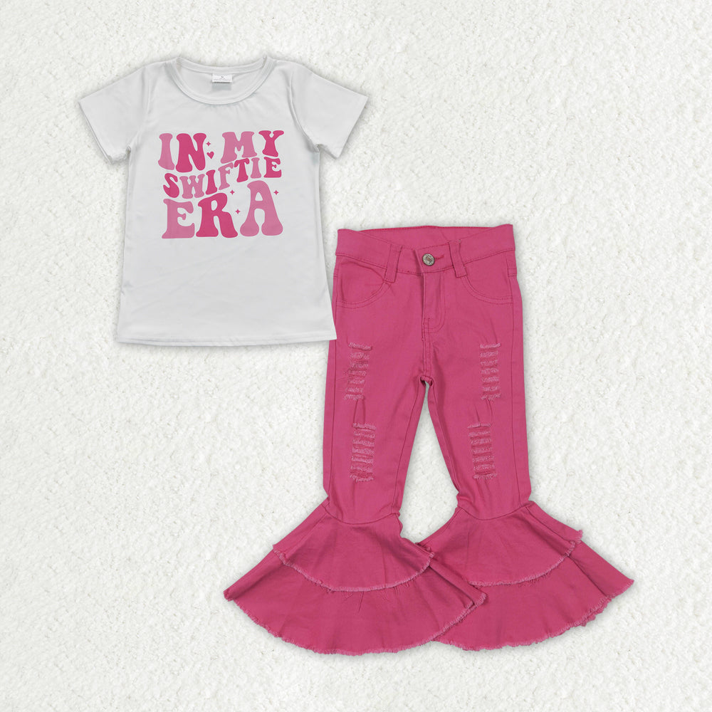 GSPO1469 2pcs Swift Singer Girls Short Sleeve Rose Red Bell Bottom Denim Pants Outfits RTS 202507