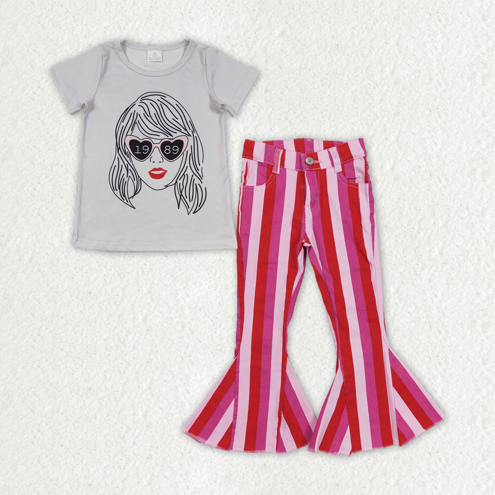 GSPO1470 2pcs Swift Singer Girls Short Sleeve Rose Red Stripe Bell Bottom Denim Pants Outfits RTS 202507