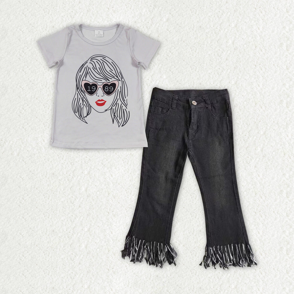 GSPO1471 2pcs Swift Singer Girls Short Sleeve Black Tassels Denim Pants Outfits RTS 202507