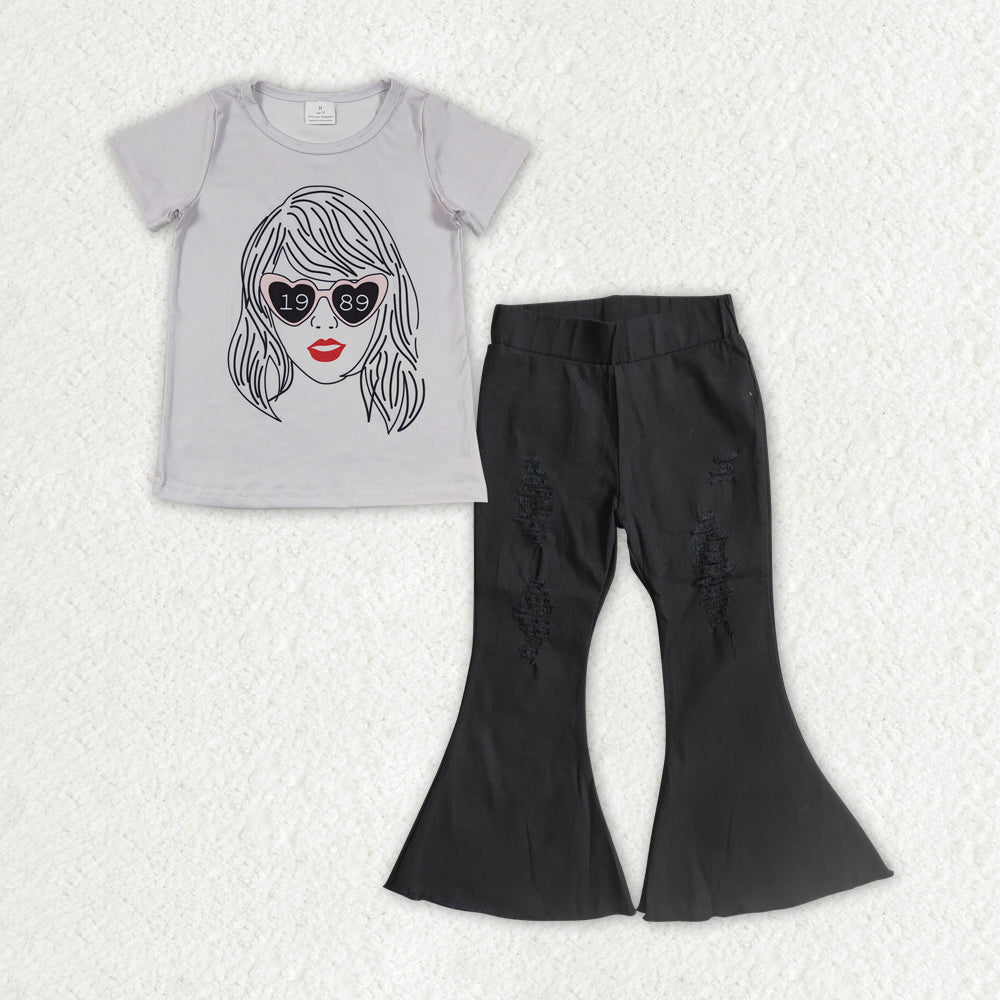 GSPO1472 2pcs Swift Singer Girls Short Sleeve Black Bell Bottom Denim Pants Outfits RTS 202507