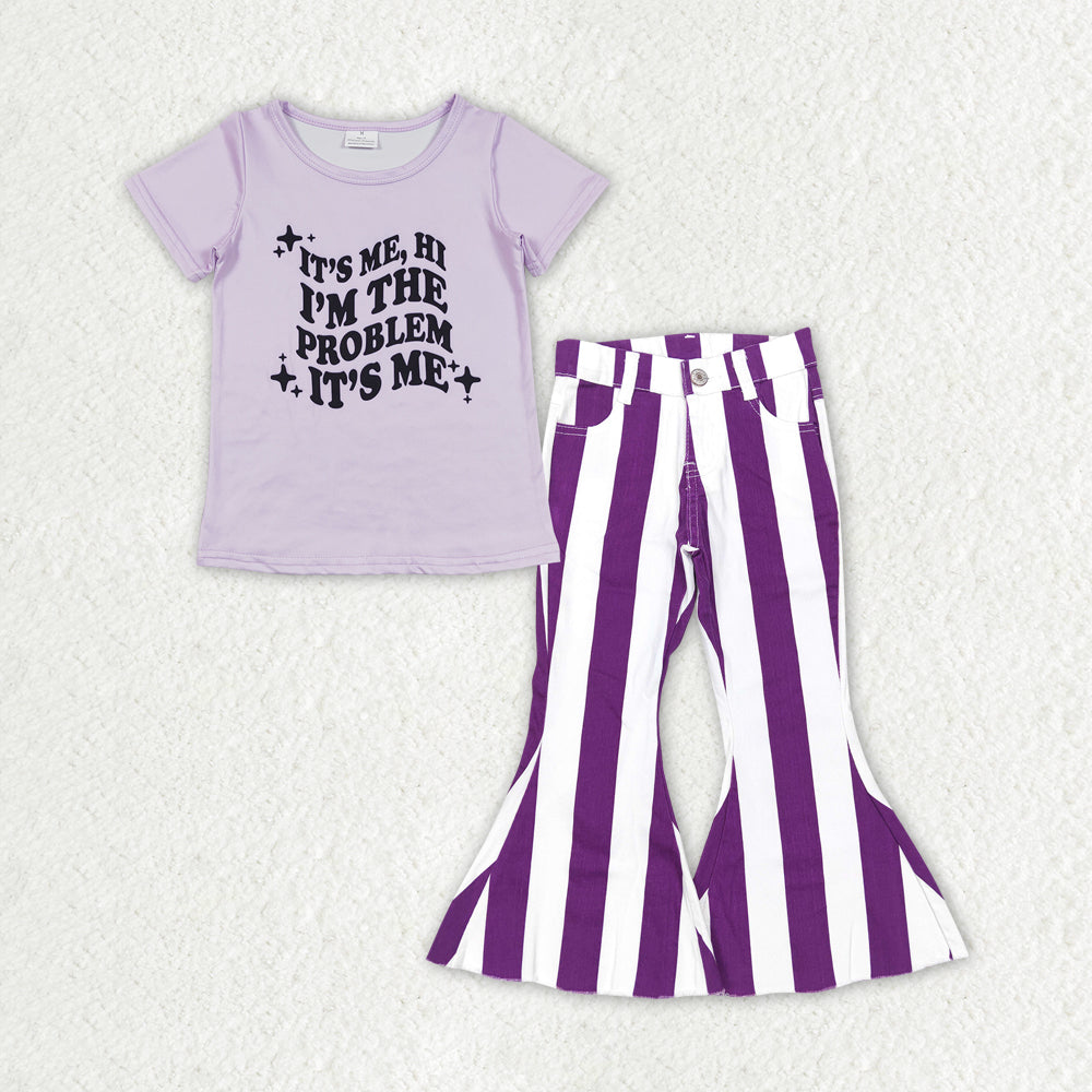 GSPO1476 2pcs Swift Singer Purple Stripe Jeans Girls Short Sleeve Bell Bottom Denim Pants Outfits RTS 202507