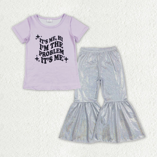 GSPO1477 2pcs Gray Purple Short Sleeve Satin Fabric Gilding White Bell Bottom Pants Outfits RTS 202507