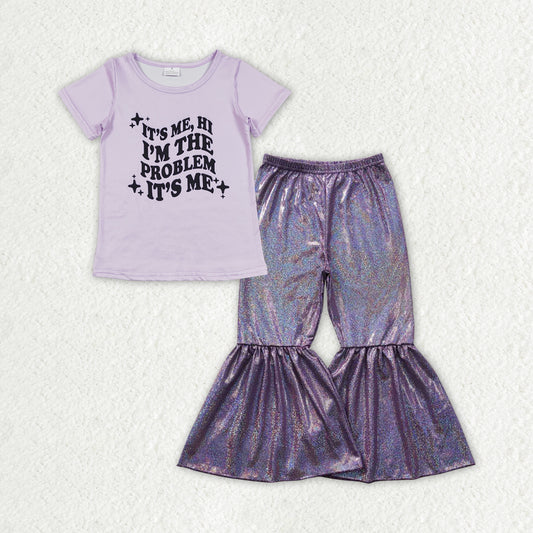 GSPO1478 2pcs Gray Purple Short Sleeve Satin Fabric Gilding Purple Bell Bottom Pants Outfits RTS 202507