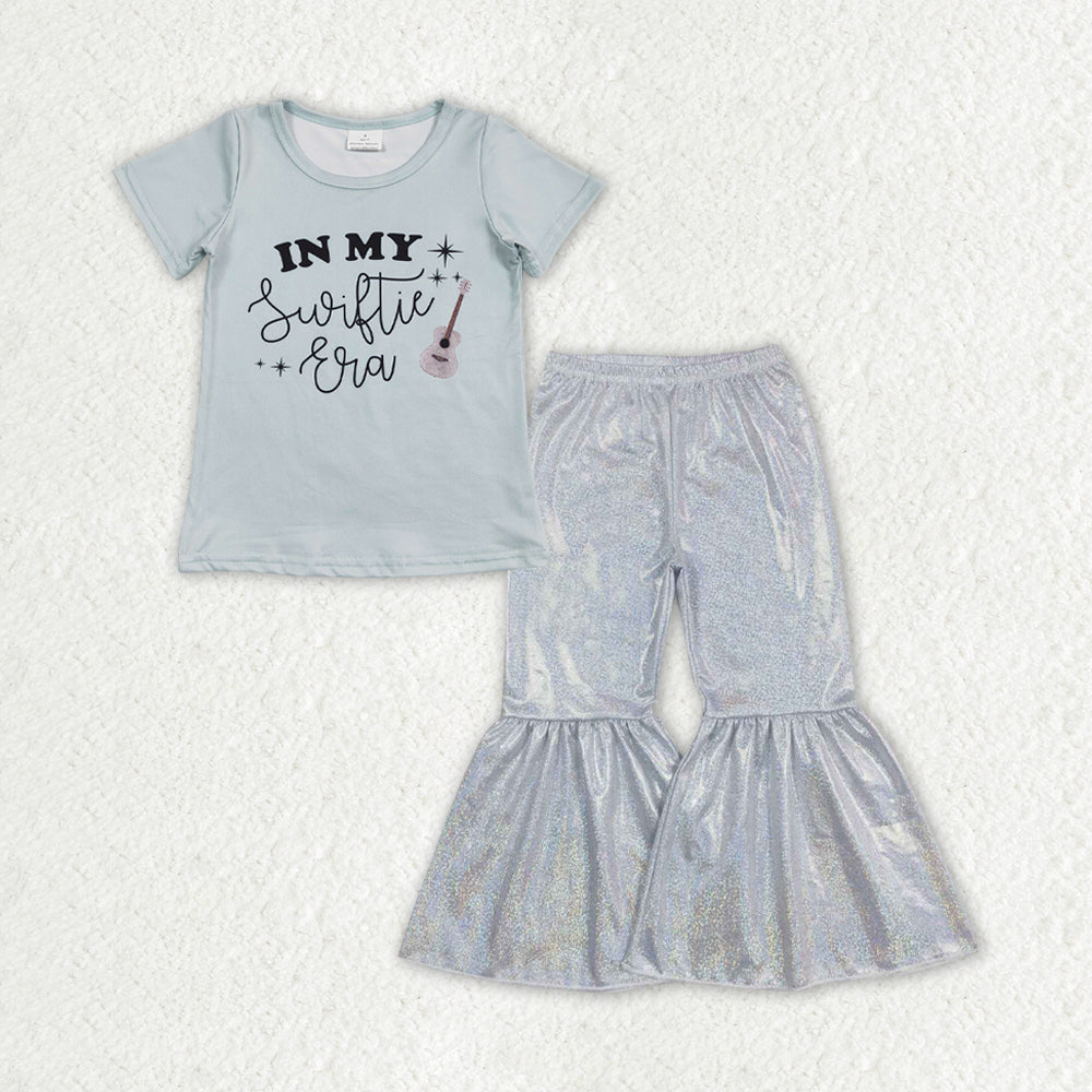 GSPO1480 2pcs Gray Green Short Sleeve Satin Fabric Gilding White Bell Bottom Pants Outfits RTS 202507