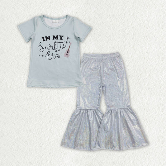 GSPO1480 2pcs Gray Green Short Sleeve Satin Fabric Gilding White Bell Bottom Pants Outfits RTS 202507