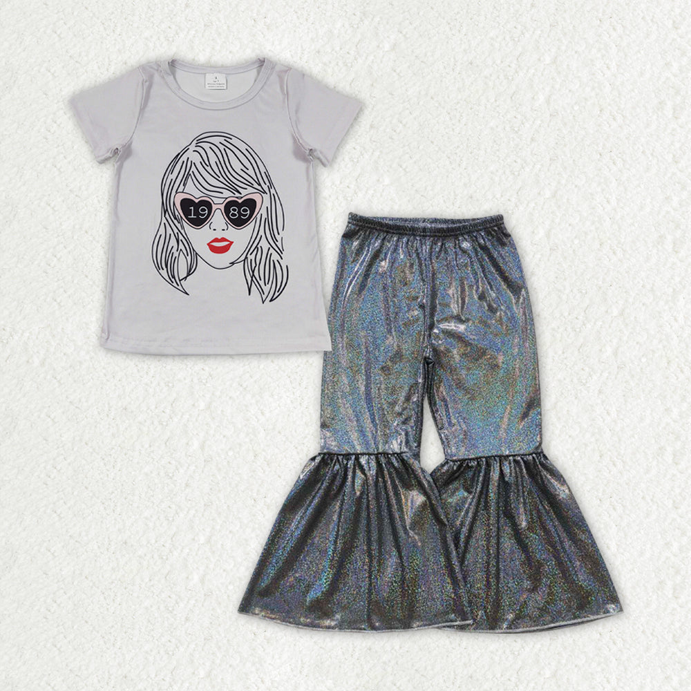 GSPO1481 2pcs taylor swift 1989 Gray Short Sleeve Satin Fabric Gilding Black Bell Bottom Pants Outfits RTS 202507
