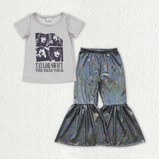 GSPO1482 2pcs taylor swift Gray Short Sleeve Satin Fabric Gilding Black Bell Bottom Pants Outfits RTS 202507