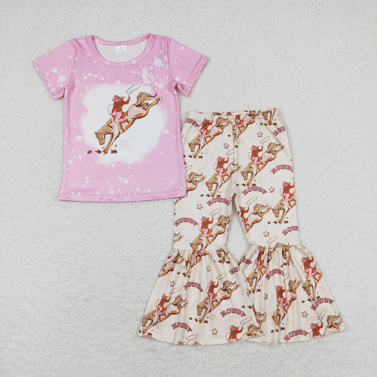 GSPO1487 cowgirl horse pink short sleeve top bell bottom pants set Baby Girl boutique outfit 20240402 RTS