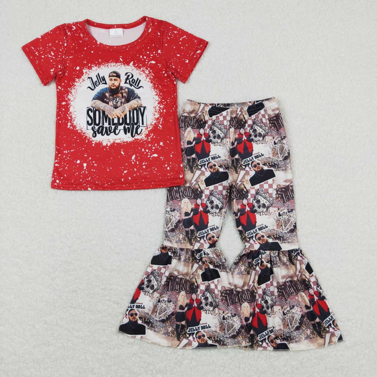 GSPO1489 Jelly Roll Red Letter Short Sleeve Top Bell Bottom Pants Sets Girls Boutique Clothes 202404 RTS