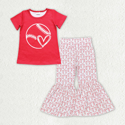 GSPO1497 Love Baseball Red Short Sleeve Bell Bottom Pants Girls Set RTS 202508